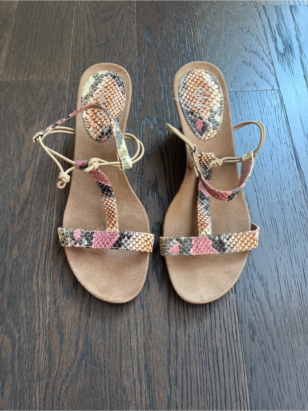 Snake-Print T Strap Sandals